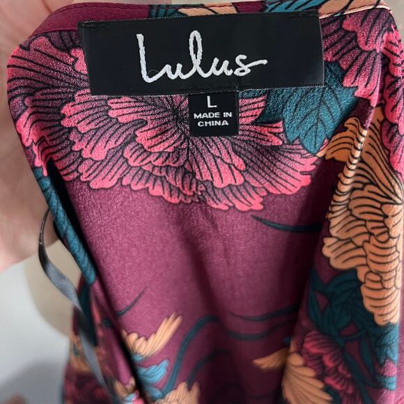Lulus Love Is Life Floral Satin Mini Wrap Dress Wine Burgundy Floral Long Sleeve - Picture 8 of 10